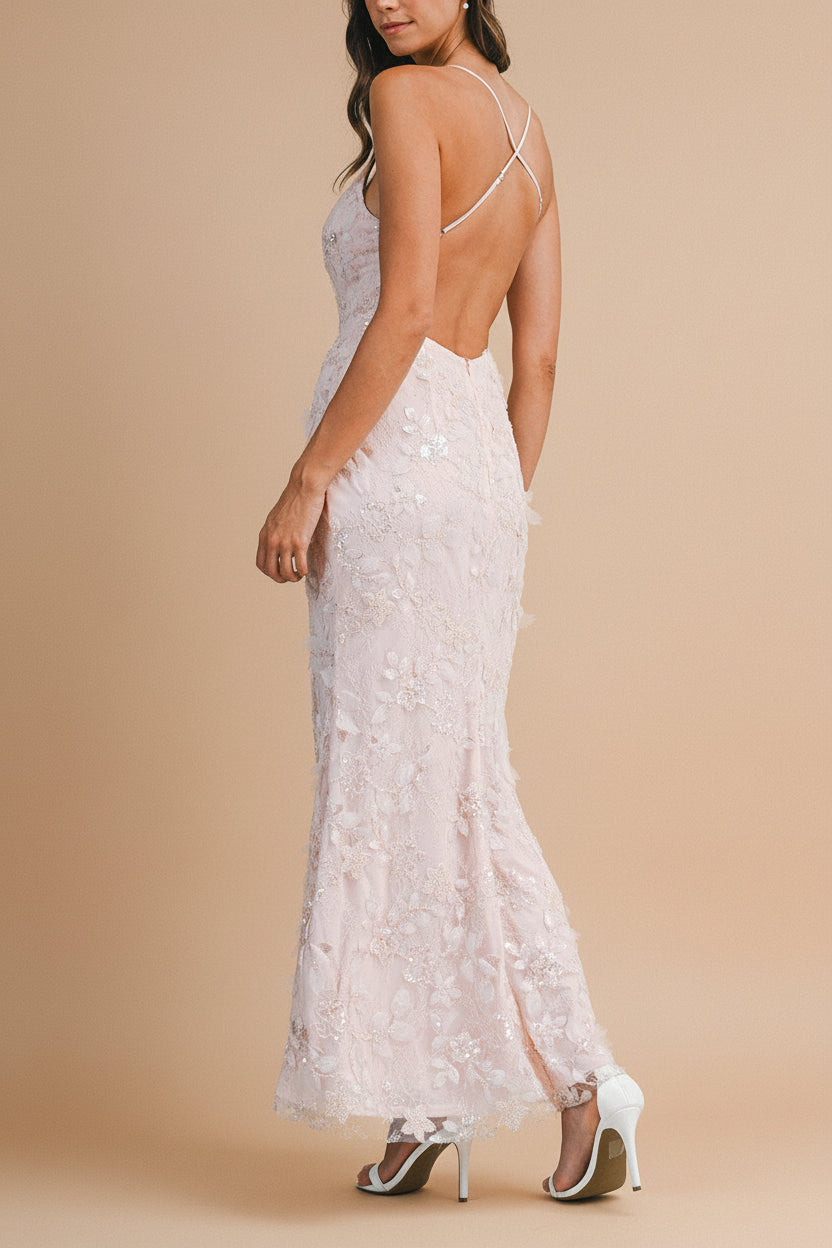 Sahida Pink | Lace Maxi Dress with Floral Appliqués