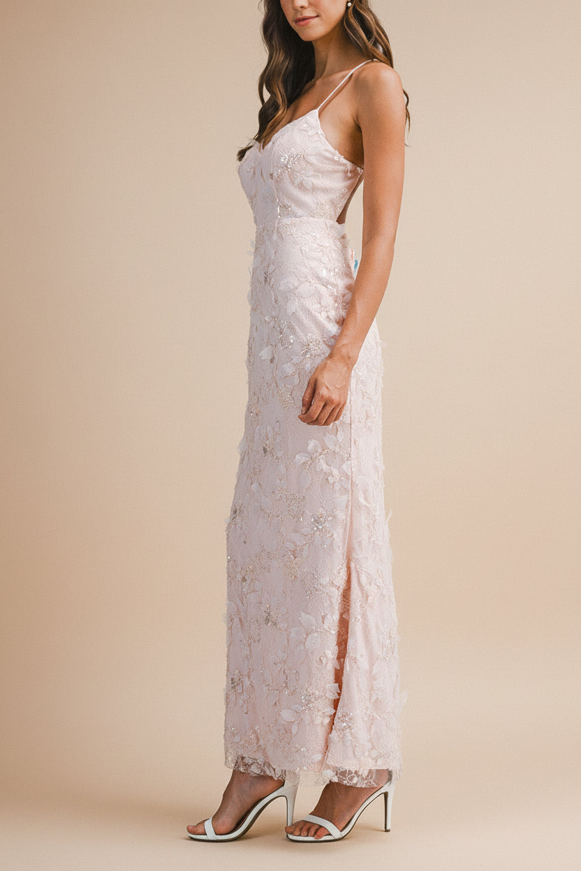 Sahida Pink | Lace Maxi Dress with Floral Appliqués