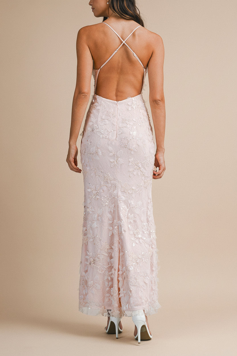 Sahida Pink | Lace Maxi Dress with Floral Appliqués