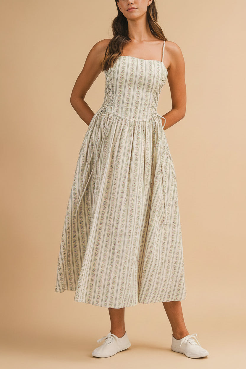 Saratou | Floral Stripe Maxi Dress with Side Lace-Up Detail