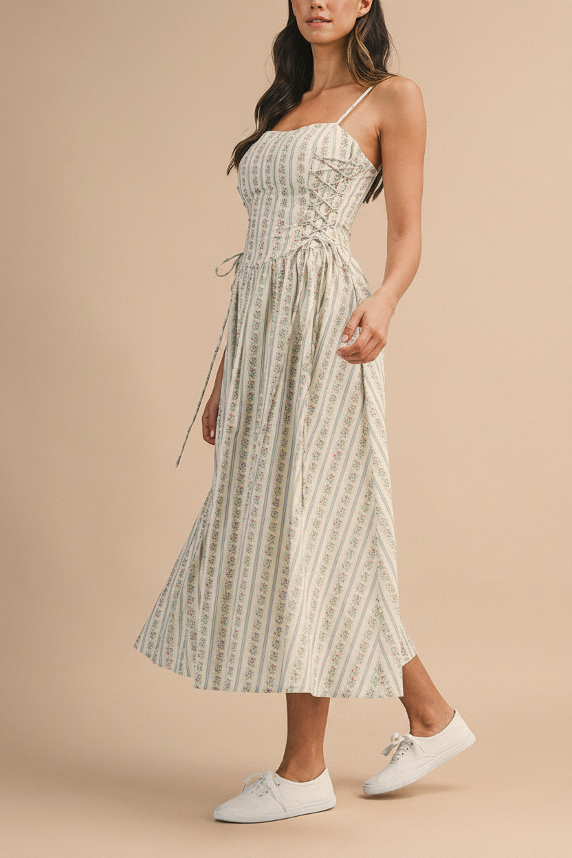 Saratou | Floral Stripe Maxi Dress with Side Lace-Up Detail