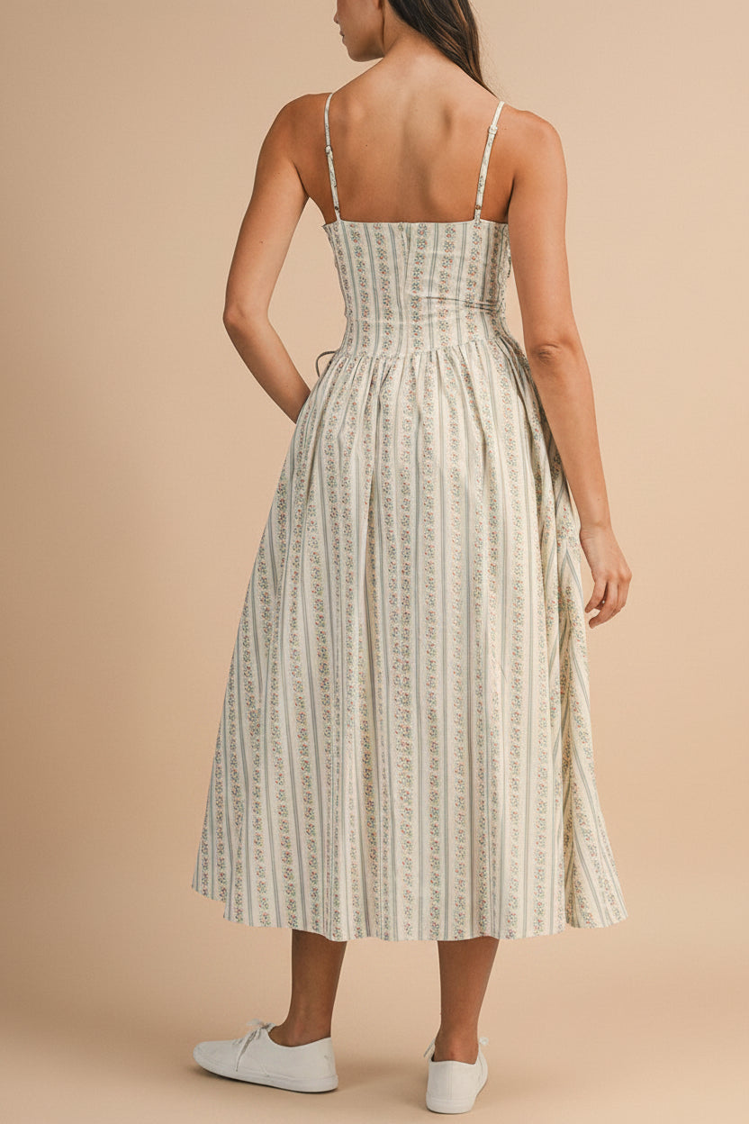 Saratou | Floral Stripe Maxi Dress with Side Lace-Up Detail