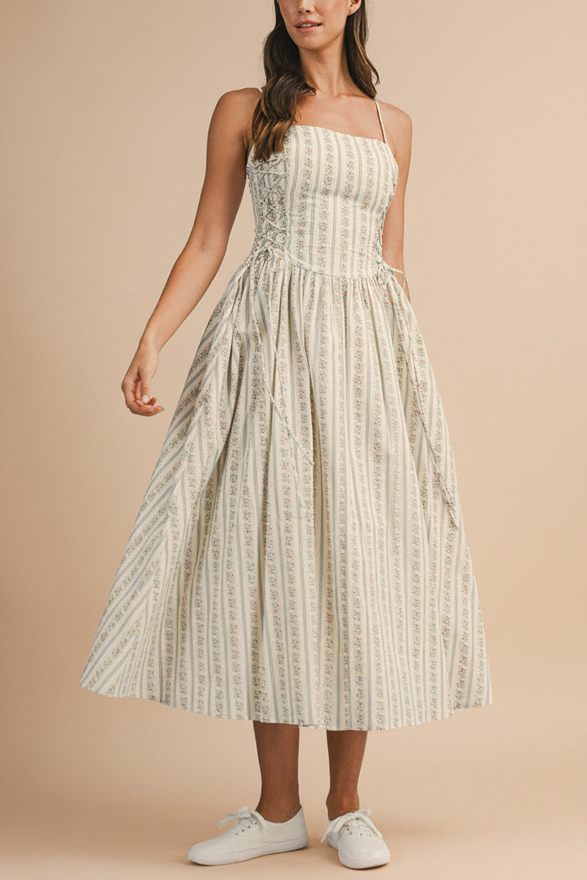 Saratou | Floral Stripe Maxi Dress with Side Lace-Up Detail
