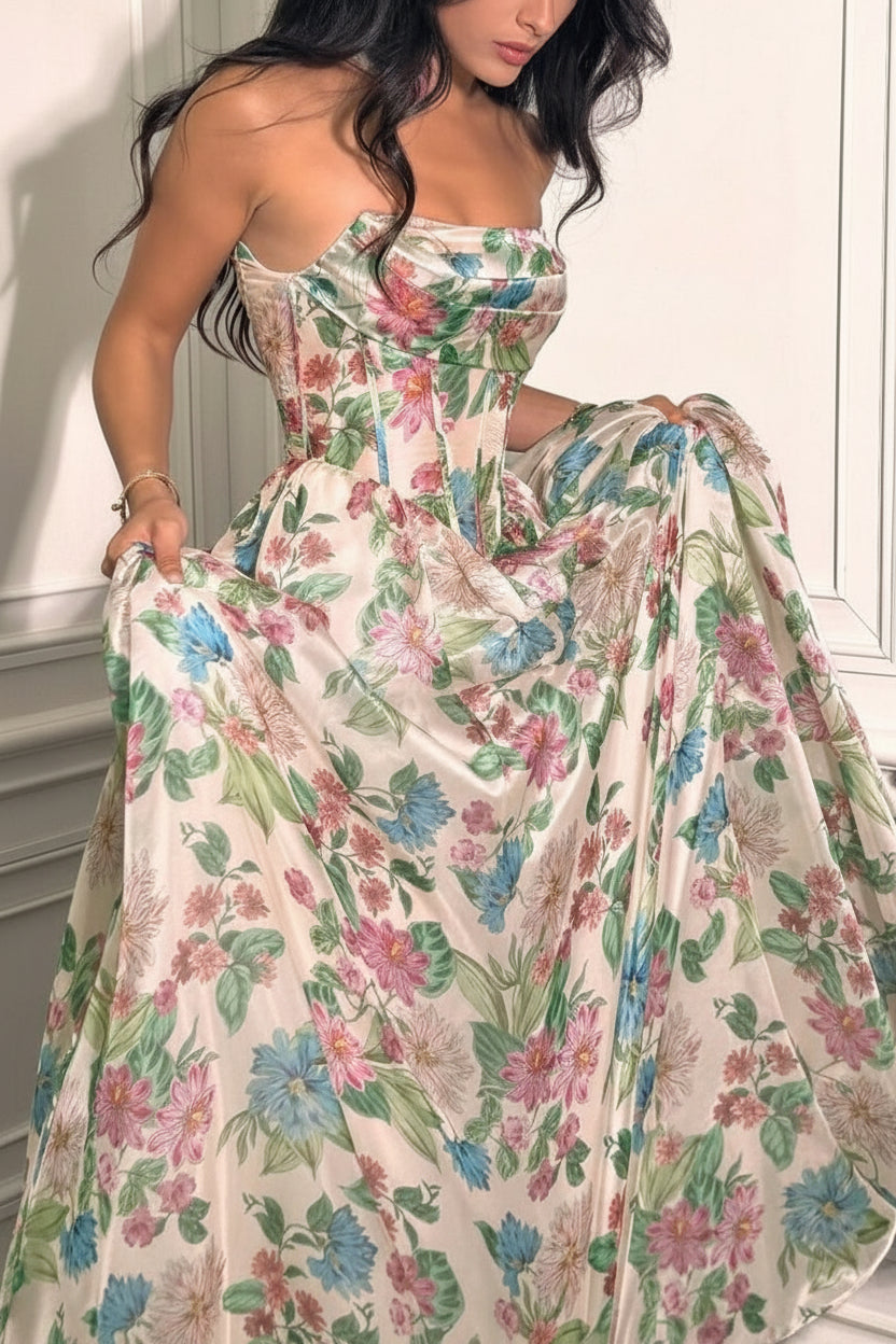 Scottie | Floral Corset Maxi Dress with Draped Bustier
