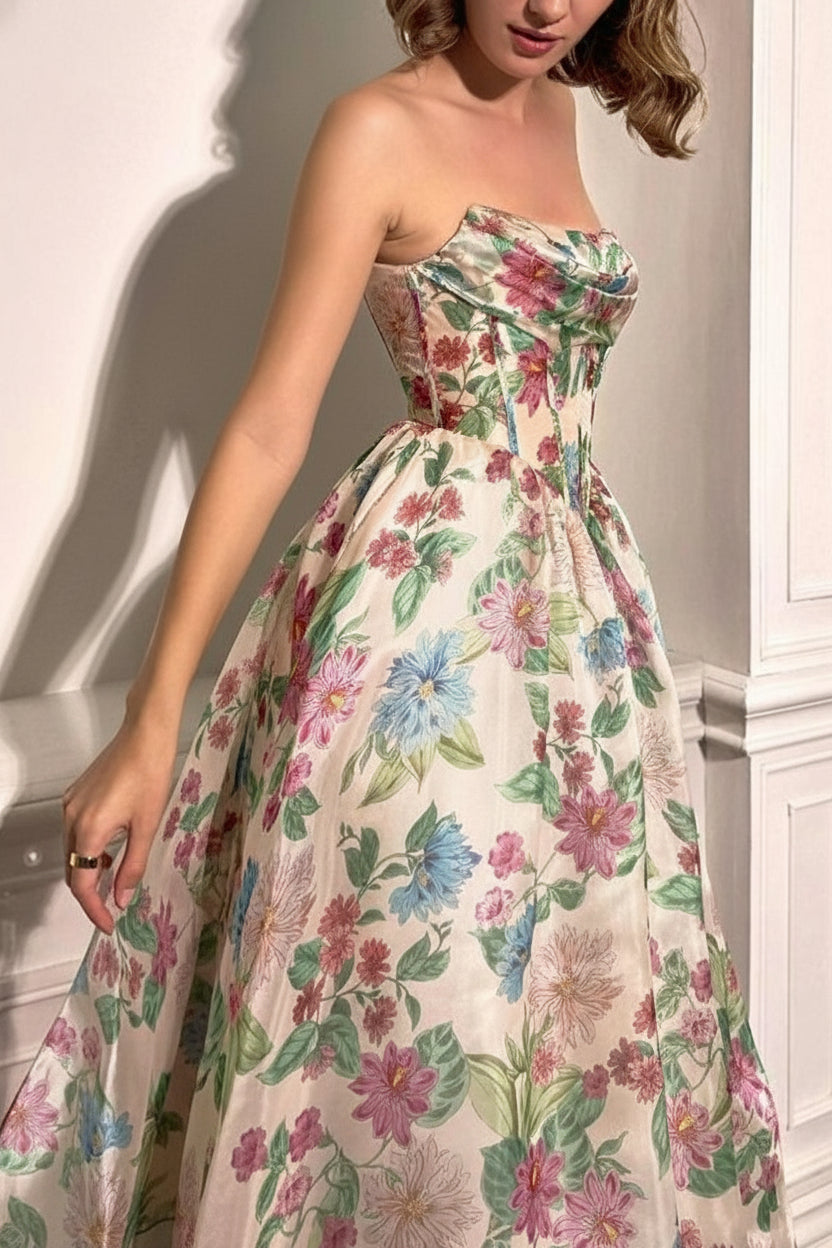 Scottie | Floral Corset Maxi Dress with Draped Bustier