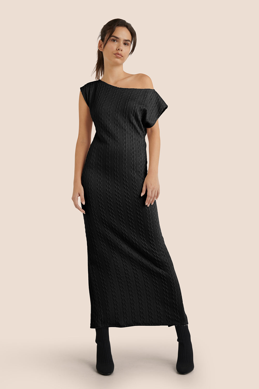 Selana Beige | Knit Maxi Dress with Back Slit by Arti Gogna