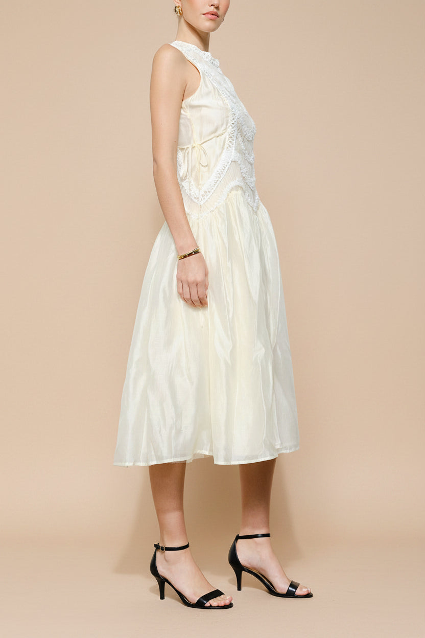 Shania | Ivory Sleeveless Midi Dress with Textured Details