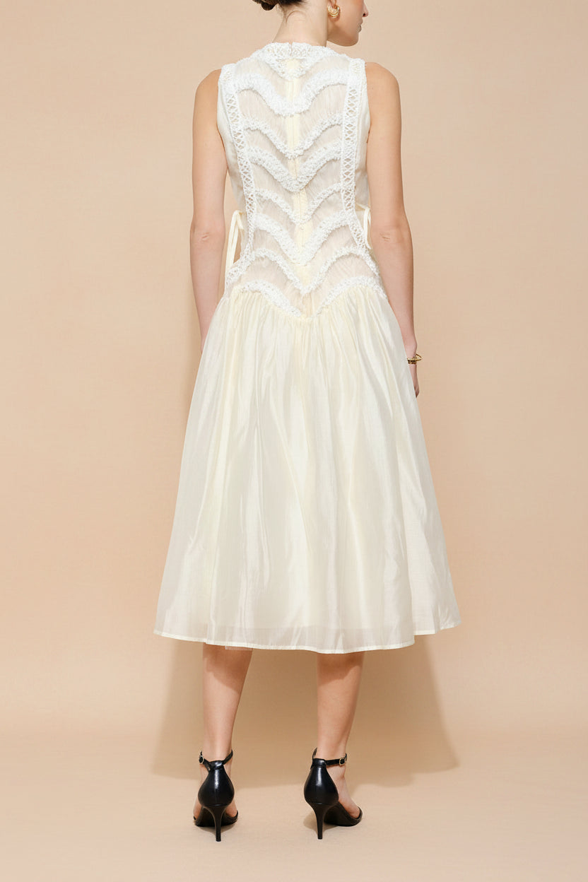 Shania | Ivory Sleeveless Midi Dress with Textured Details