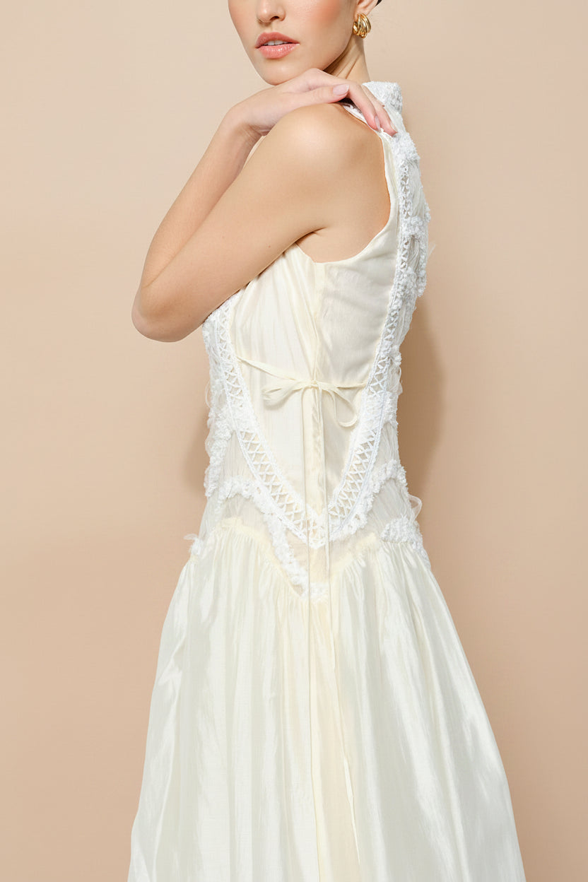 Shania | Ivory Sleeveless Midi Dress with Textured Details