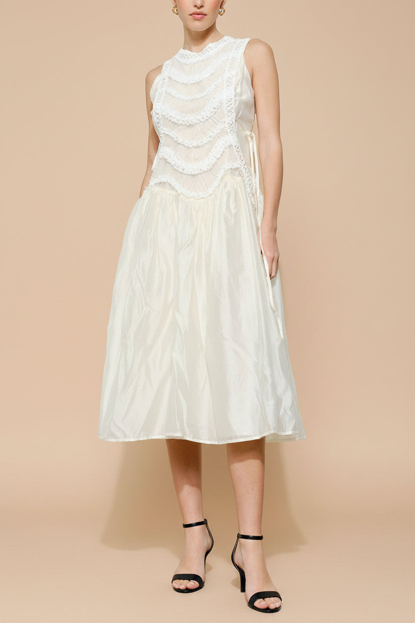 Shania | Ivory Sleeveless Midi Dress with Textured Details