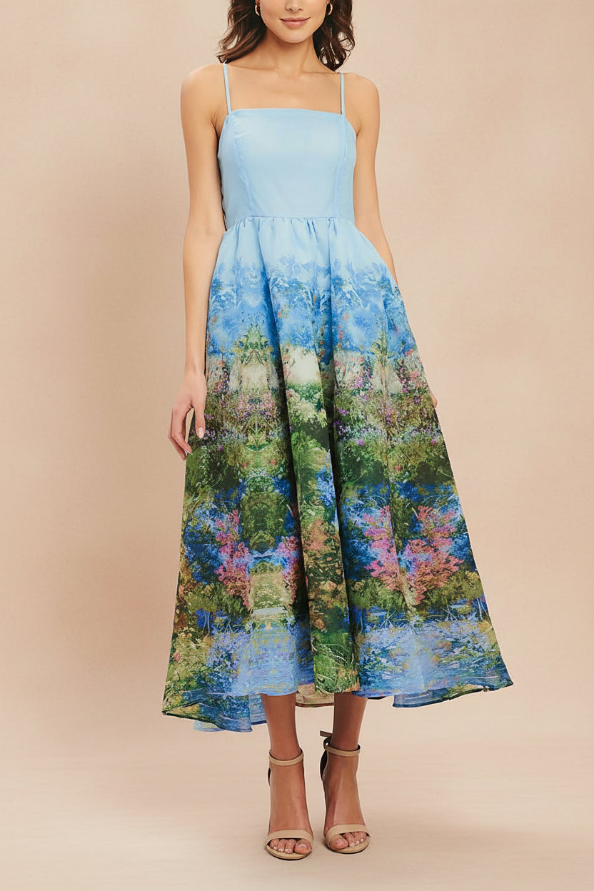 Silva | Blue Floral Botanical Print A-Line Midi Dress