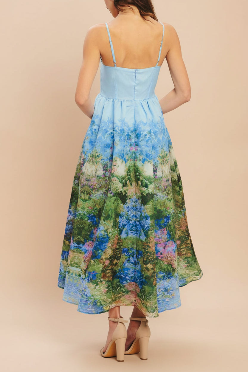 Silva | Blue Floral Botanical Print A-Line Midi Dress