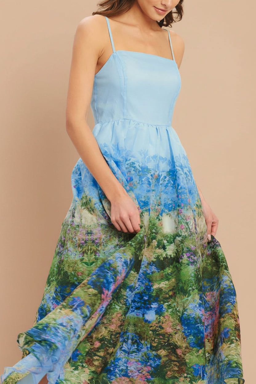Silva | Blue Floral Botanical Print A-Line Midi Dress