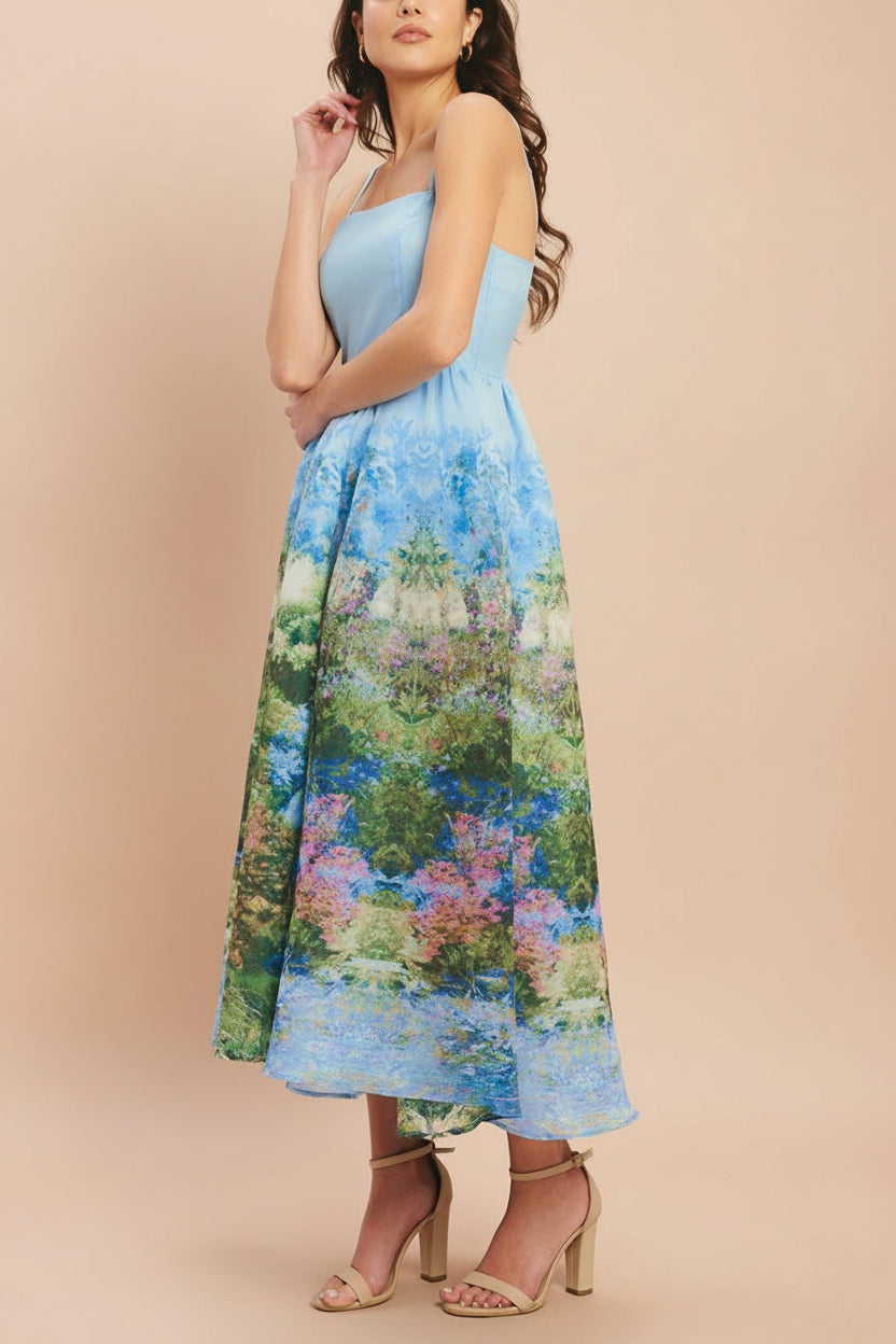 Silva | Blue Floral Botanical Print A-Line Midi Dress