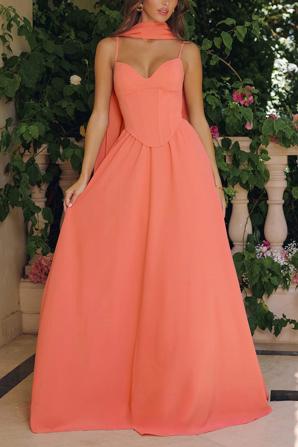 Syana Coral | Long Chiffon Corset Dress with Scarf