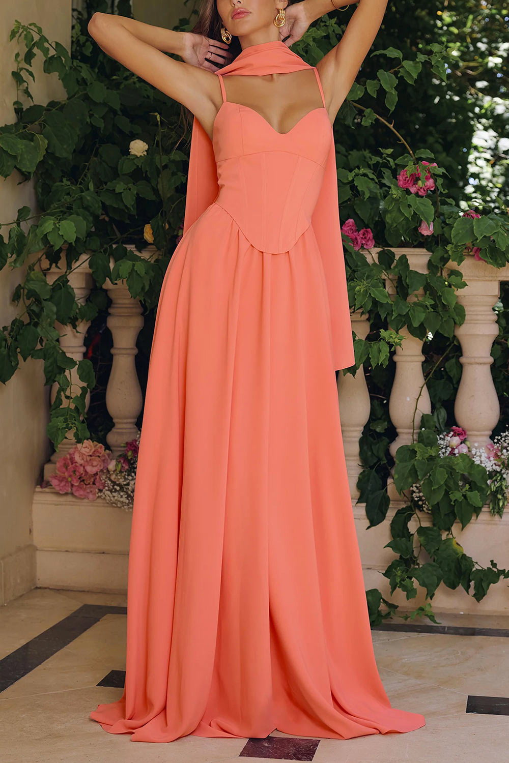 Syana Coral | Long Chiffon Corset Dress with Scarf
