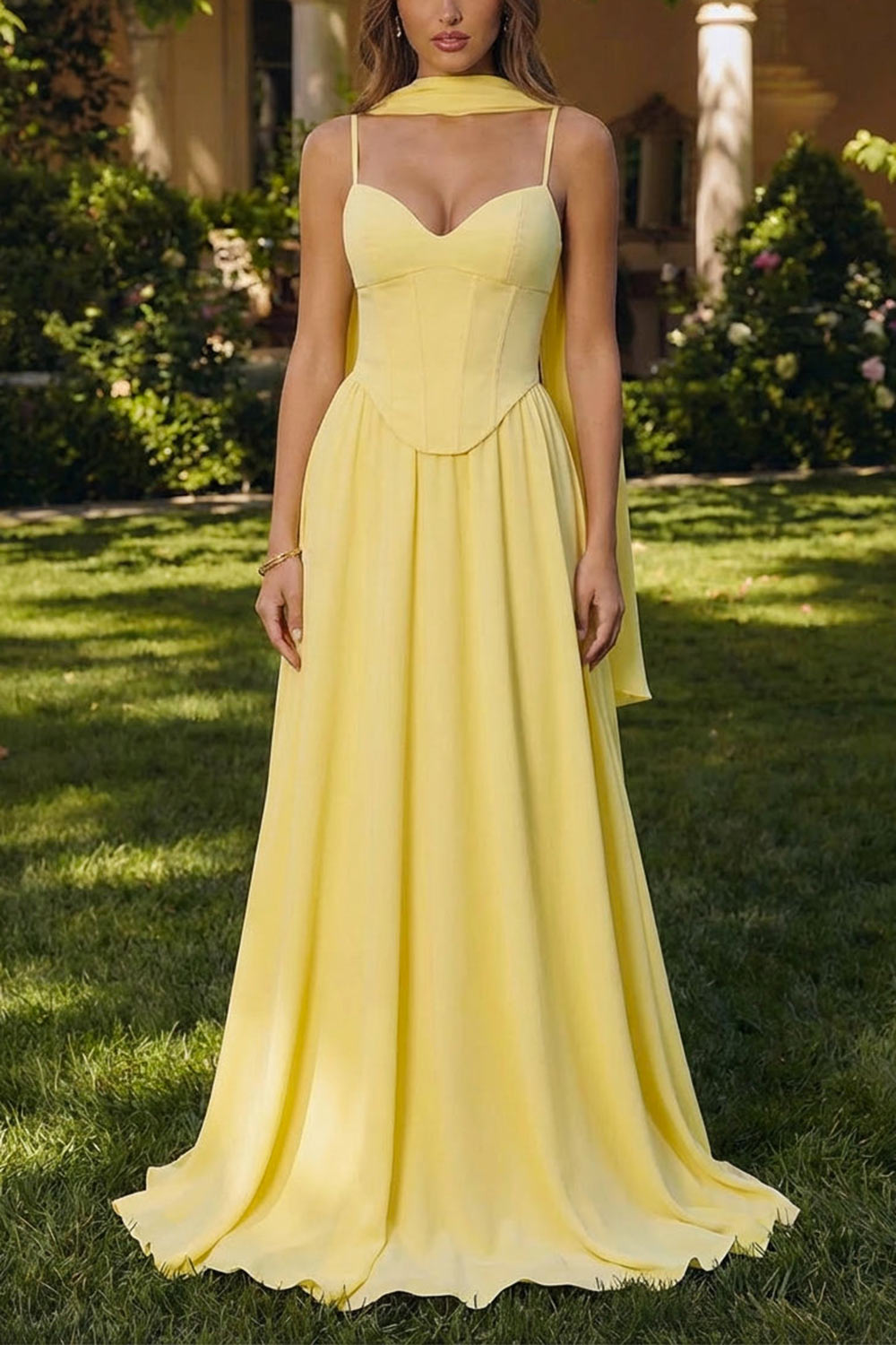 Syana Light Yellow | Long Chiffon Corset Dress with Scarf