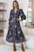 Shaylee Midi Dress - Mandarin Collar Deep V-Neck A Line Button Down with Matching Belt in Luella Print