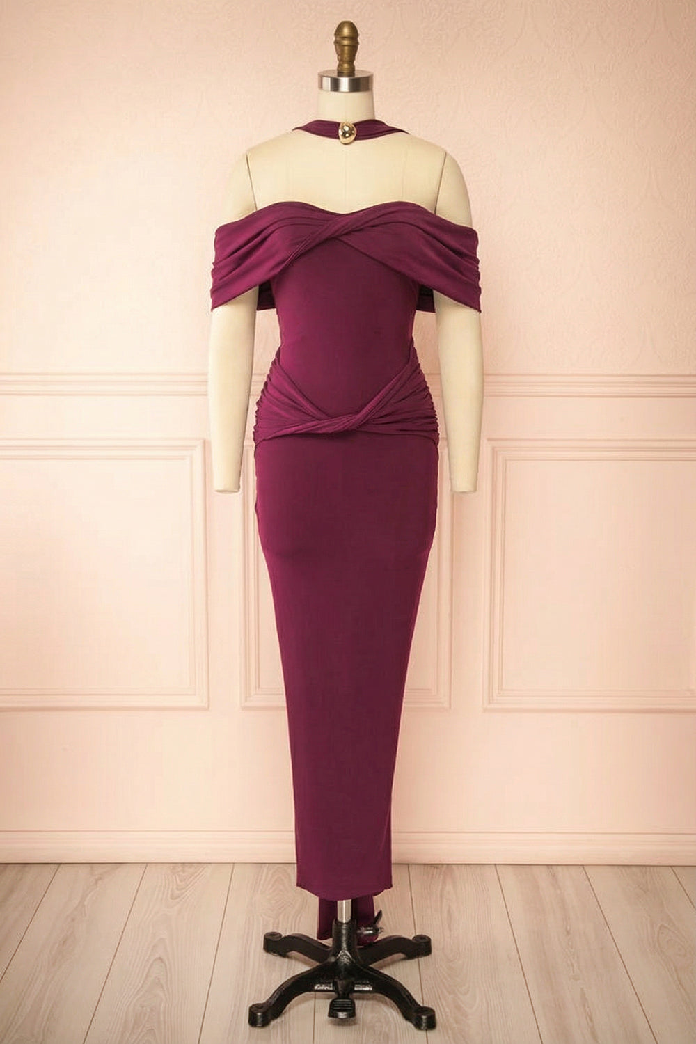 Sharla Burgundy | Off-Shoulder Halter Strap Fitted Dress