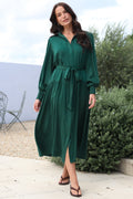 Skandi Midi Dress - Button Down Billow Sleeve Shirt Dress with Waist Tie in Emerald