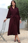 Skandi Midi Dress - Button Down Billow Sleeve Shirt Dress with Waist Tie in Wine