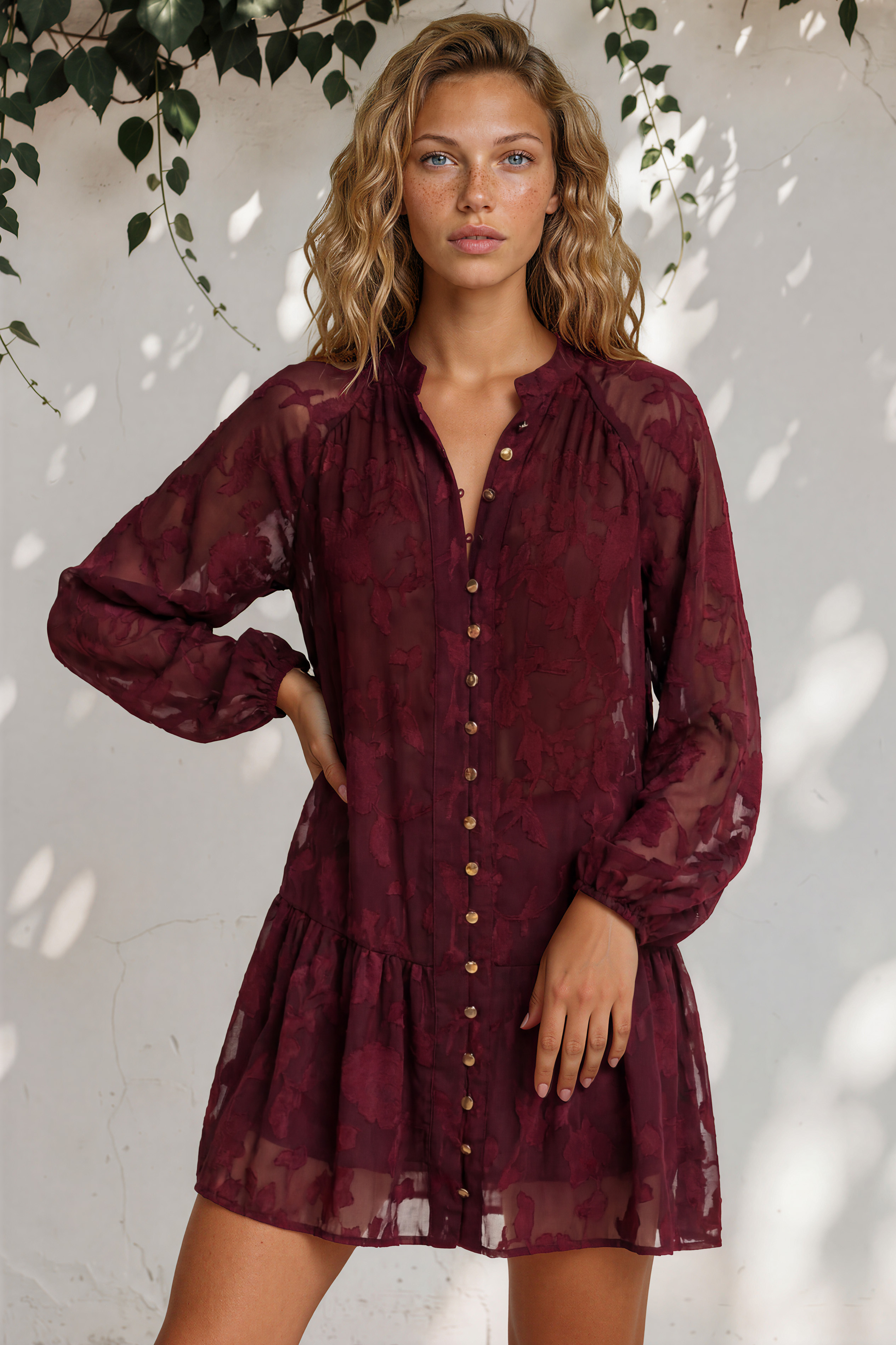 Solange Mini Dress - Floral Motif Overlay Front Button Placket Tiered Dress with Belt in Wine