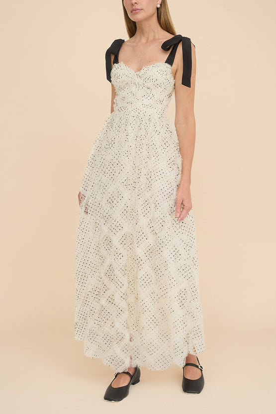 Takako | Long White Tulle Dress with Black Polka Dots