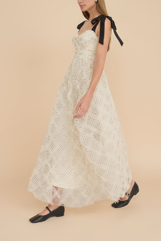 Takako | Long White Tulle Dress with Black Polka Dots