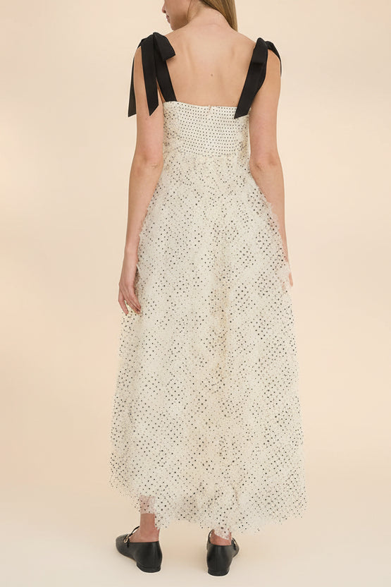 Takako | Long White Tulle Dress with Black Polka Dots