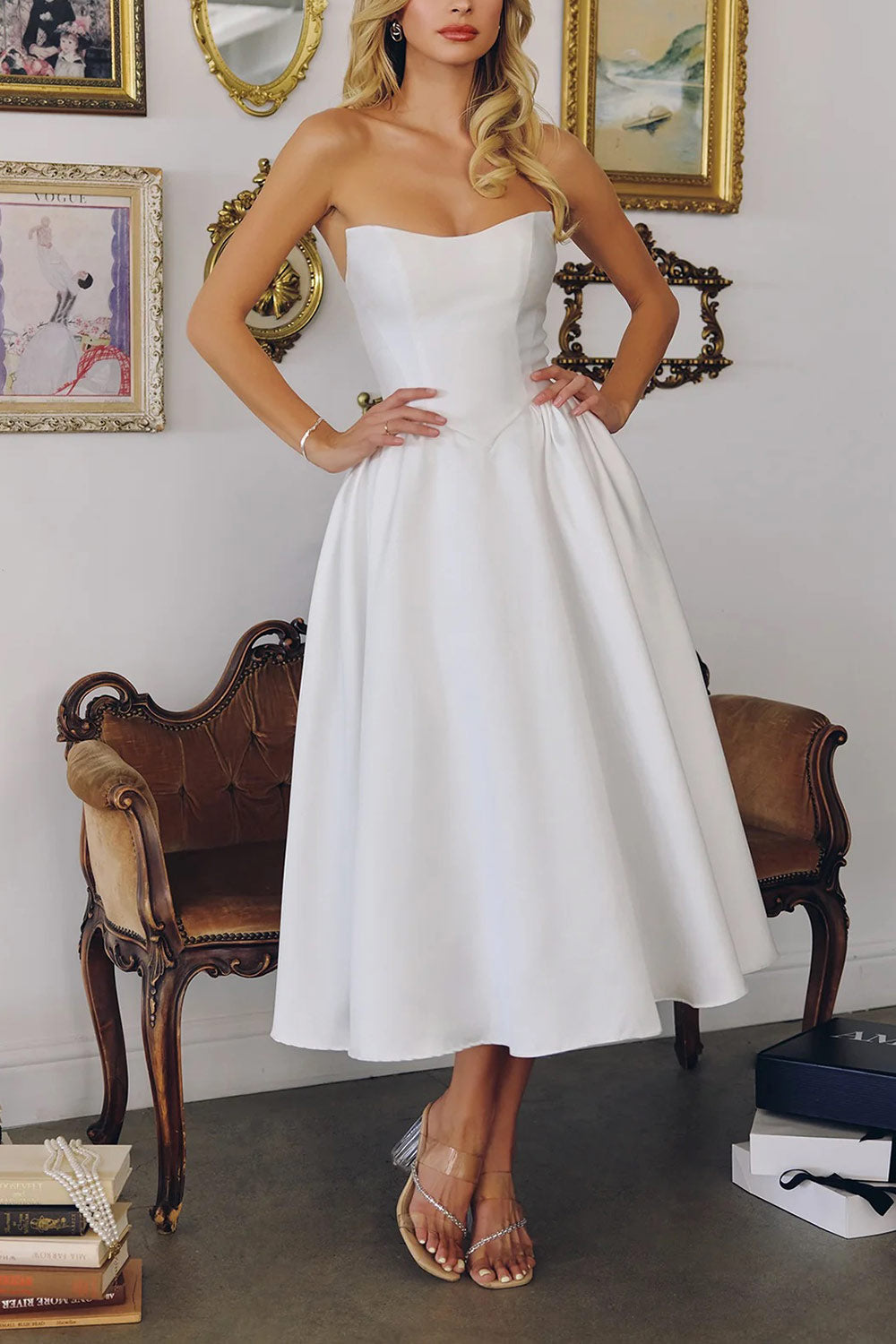 Thalania | Long White Satin Dress with Fitted Bodice and Pockets
