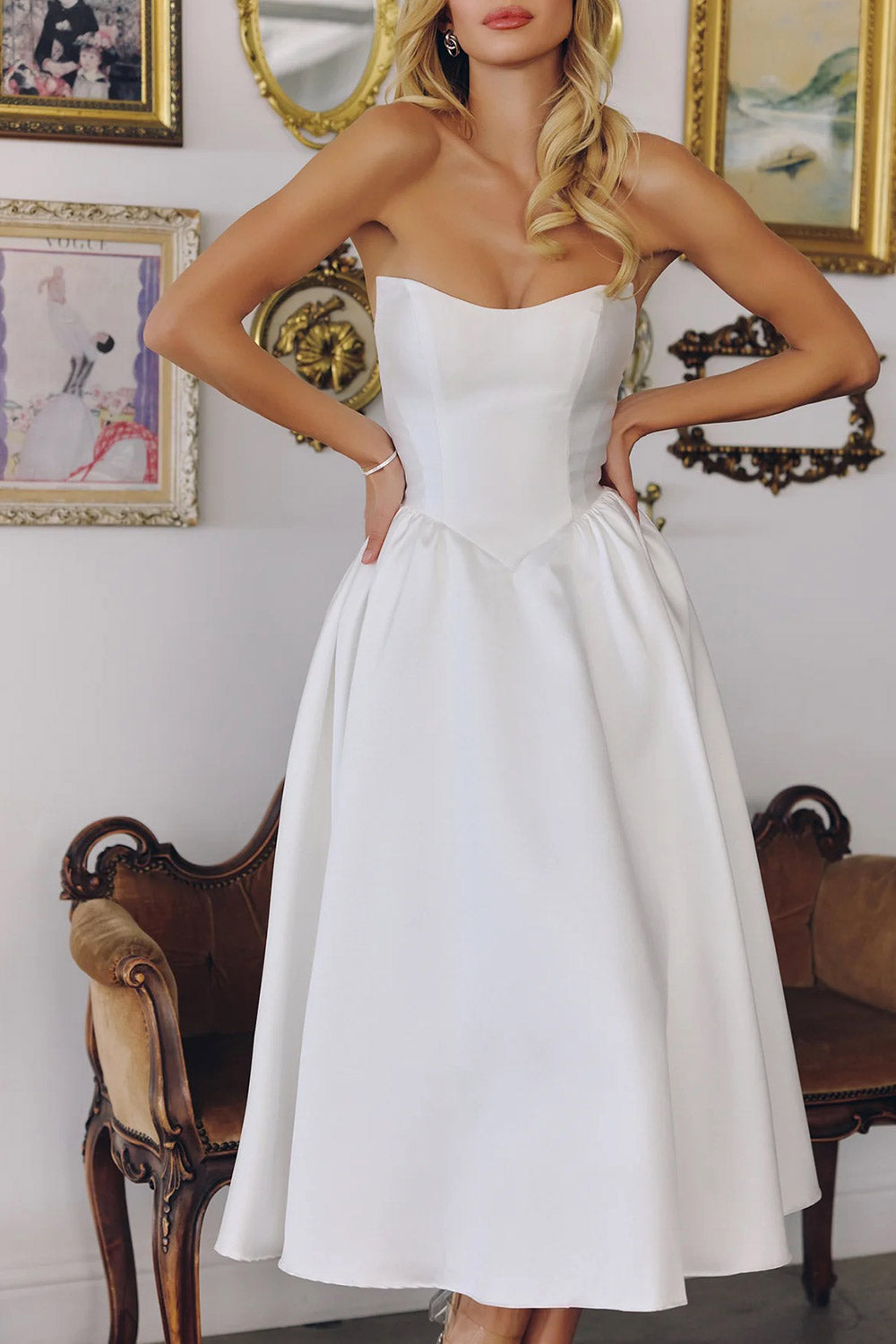 Thalania | Long White Satin Dress with Fitted Bodice and Pockets