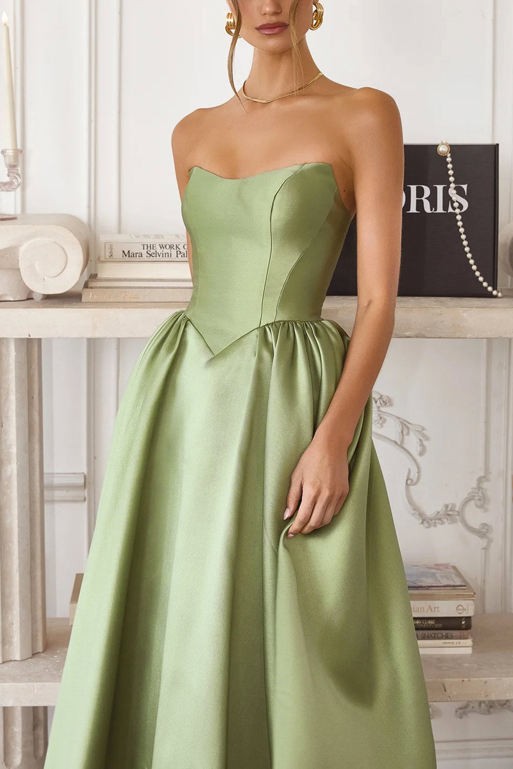Thalya Sage | Long Satin Dress with Fitted Bodice and Pockets