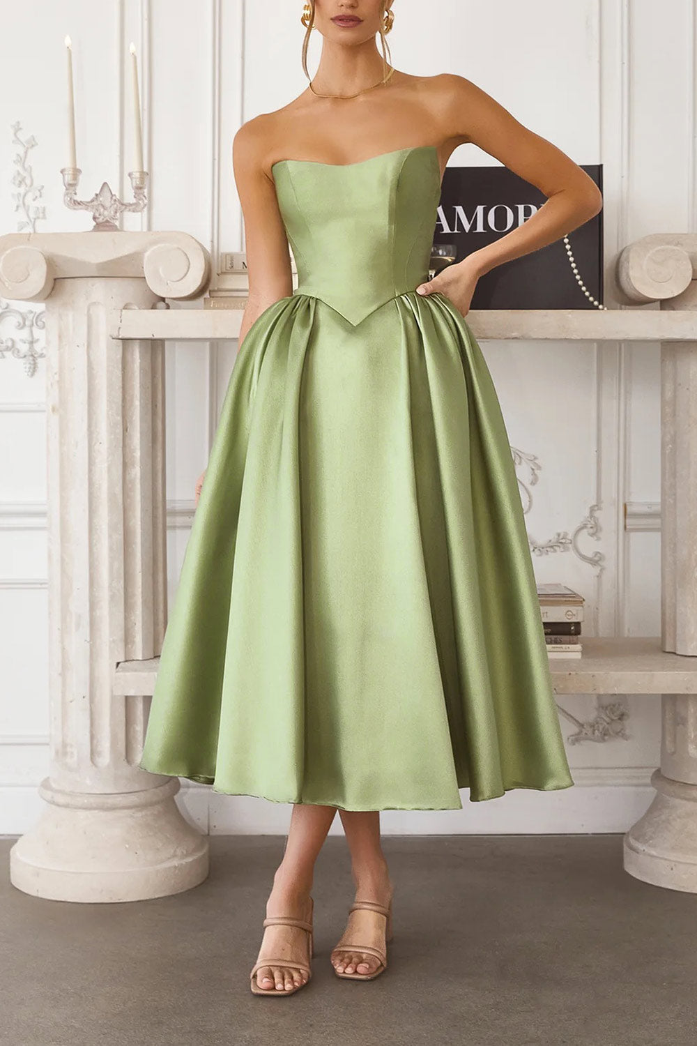 Thalya Sage | Long Satin Dress with Fitted Bodice and Pockets