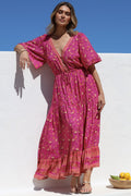 Tassia Maxi Dress - Buttoned Bodice Pull Tie Waist Dress in Quinne Print