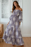 JAASE - Teegan Maxi Dress: Off Shoulder Scarf Sleeve Maxi Dress in Lilac Lullaby Print