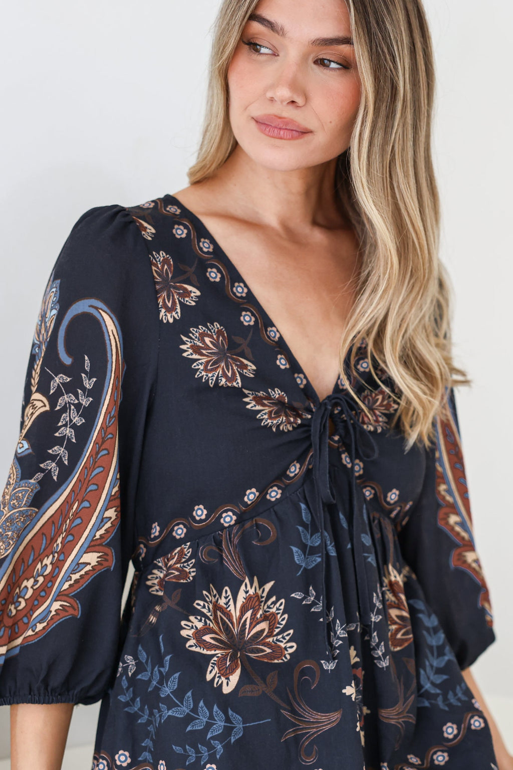 Thanya Midi Dress - V-Neck with Tie Balloon Sleeve Tiered Dress in Magah Print Navy