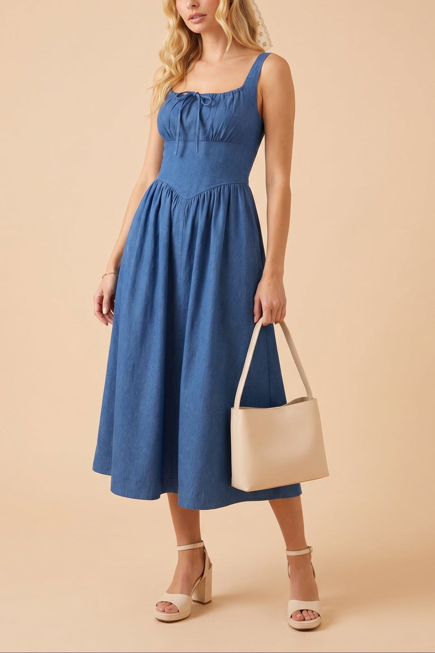Gerogene | Blue Denim Midi Dress with Bow and Pockets
