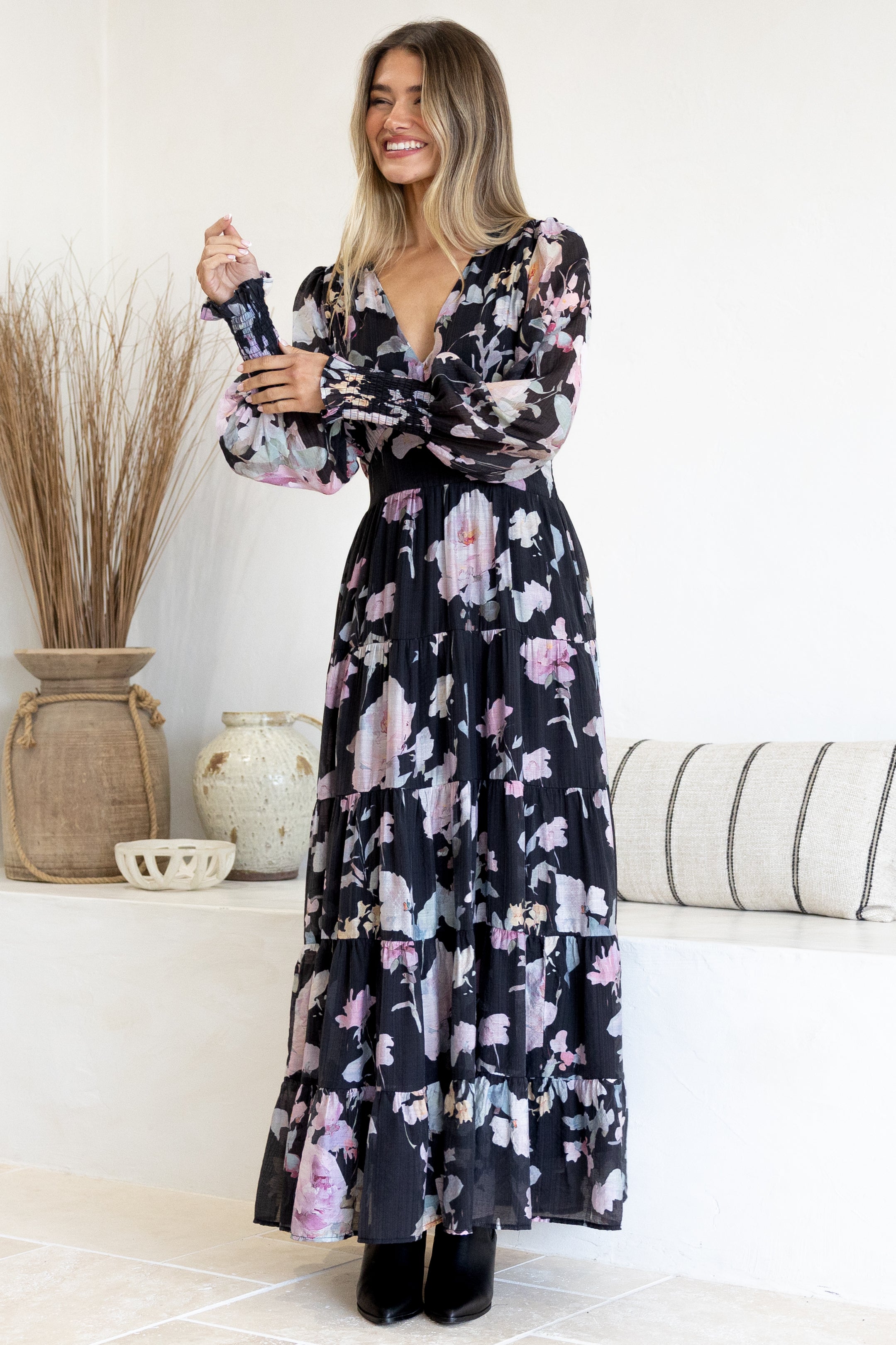 Trina Maxi Dress - Deep V Neck Tiered A-Line Dress with Balloon Sleeves in Bronson Print