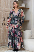 Trina Maxi Dress - Deep V Neck Tiered A-Line Dress with Balloon Sleeves in Annalisa Print