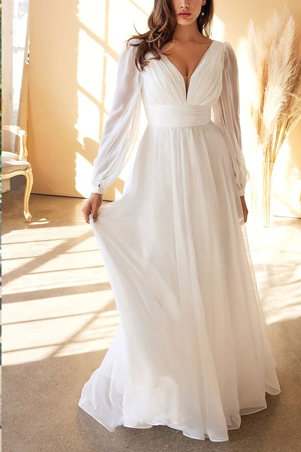 Vaiana | Layered Chiffon A-Line Wedding Gown with Sheer Sleeves