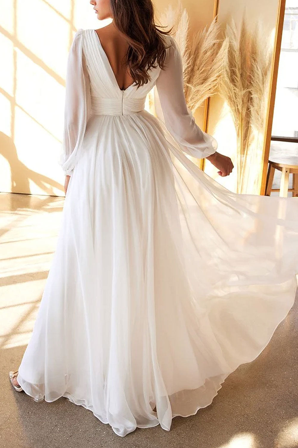Vaiana | Layered Chiffon A-Line Wedding Gown with Sheer Sleeves