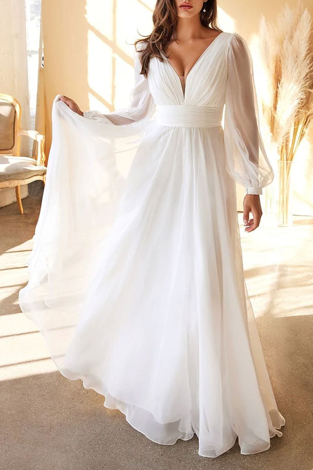 Vaiana | Layered Chiffon A-Line Wedding Gown with Sheer Sleeves