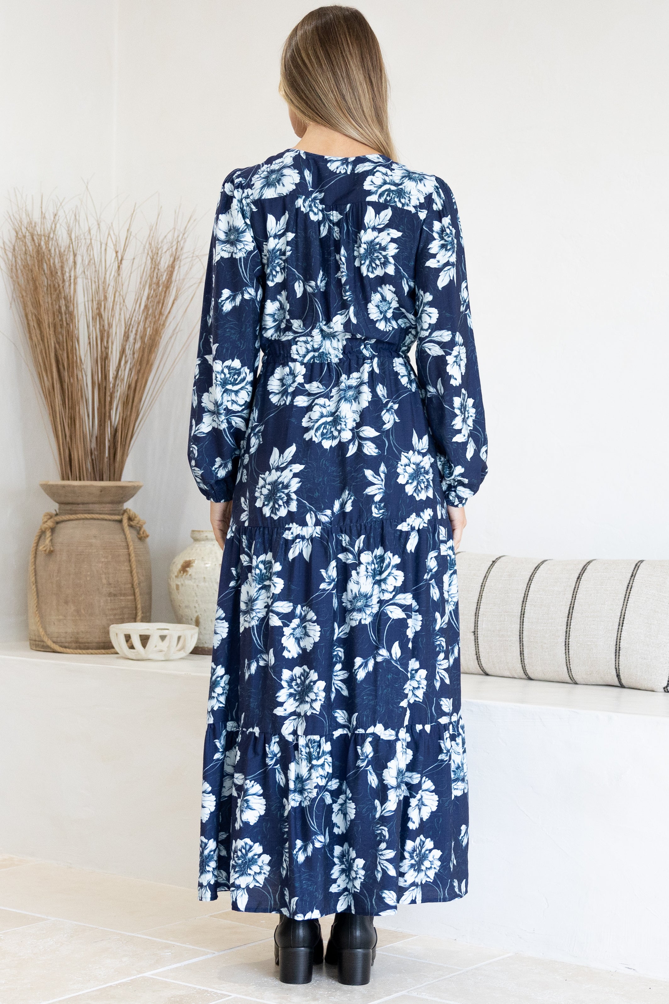 Villia Maxi Dress - V Neck Tiered Dress with Pull Tie Waist and Long Balloon Sleeves in Minka Print Navy