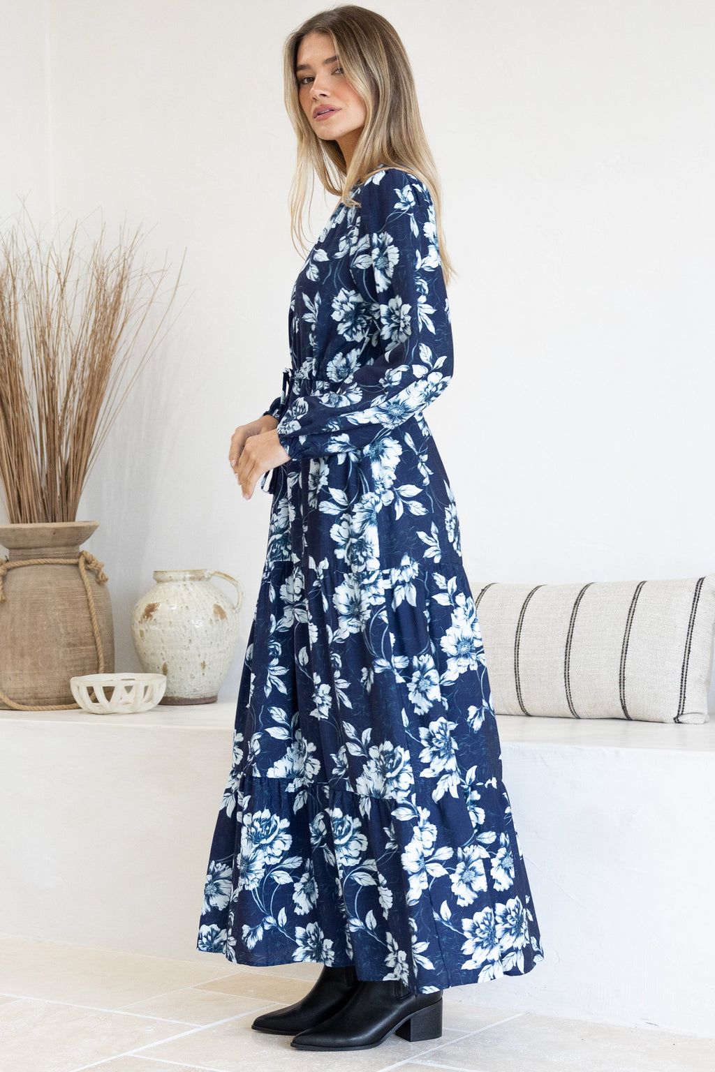Villia Maxi Dress - V Neck Tiered Dress with Pull Tie Waist and Long Balloon Sleeves in Minka Print Navy