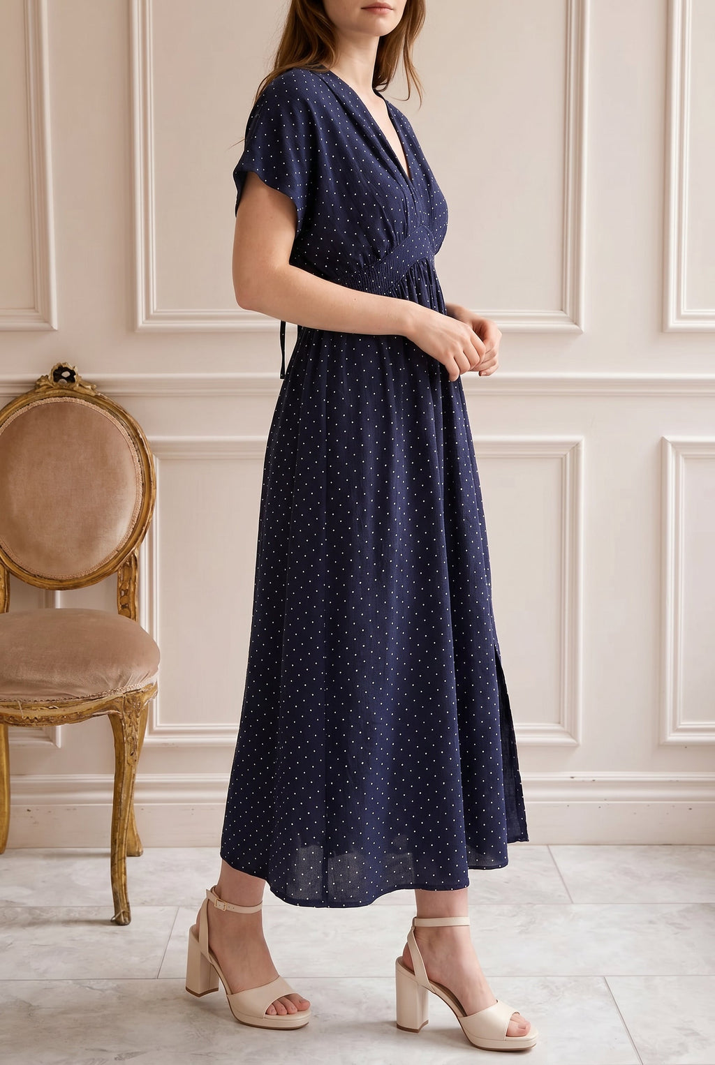 Daoren | Polka Dots Navy Midi Dress with Slit