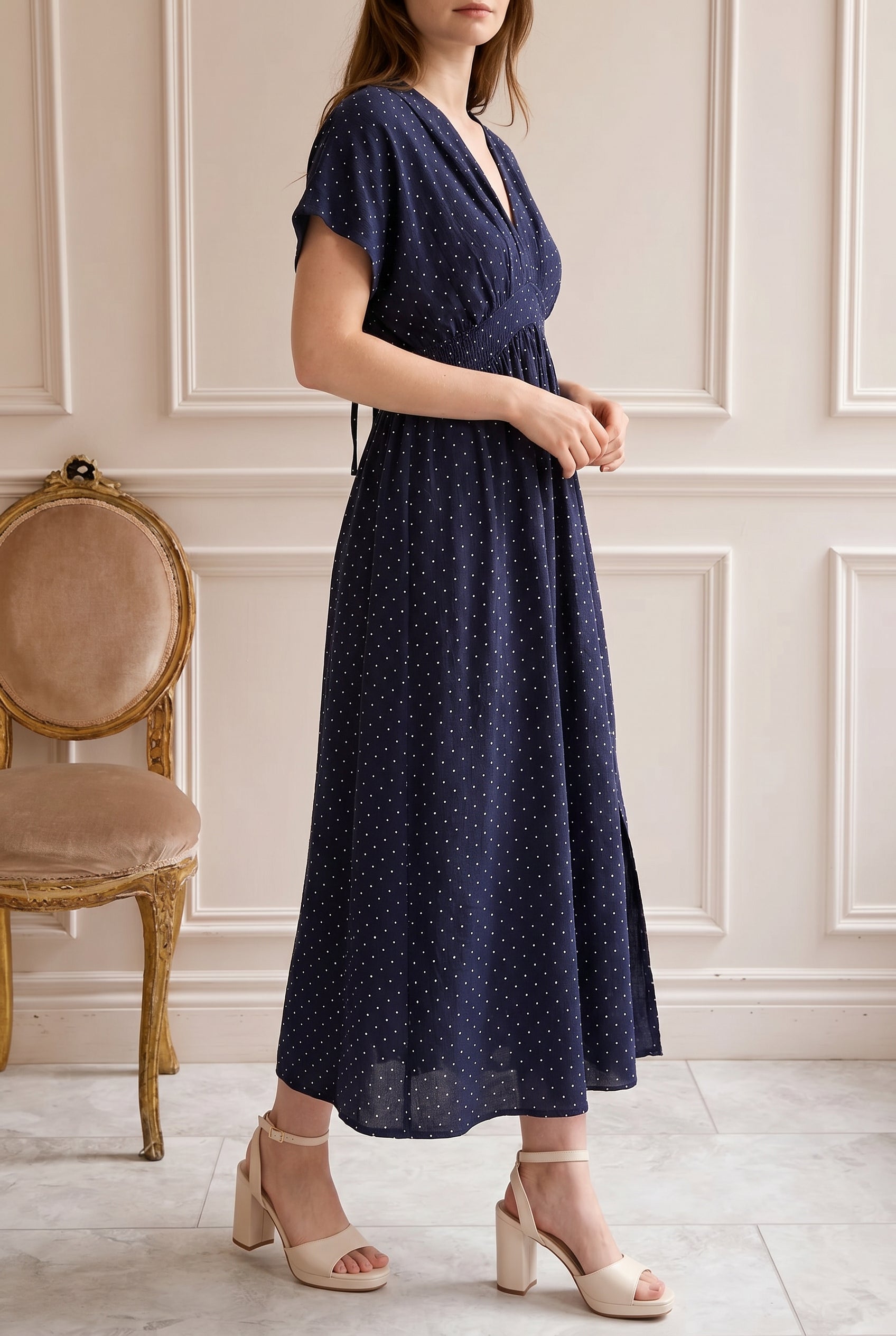Daoren | Polka Dots Navy Midi Dress with Slit