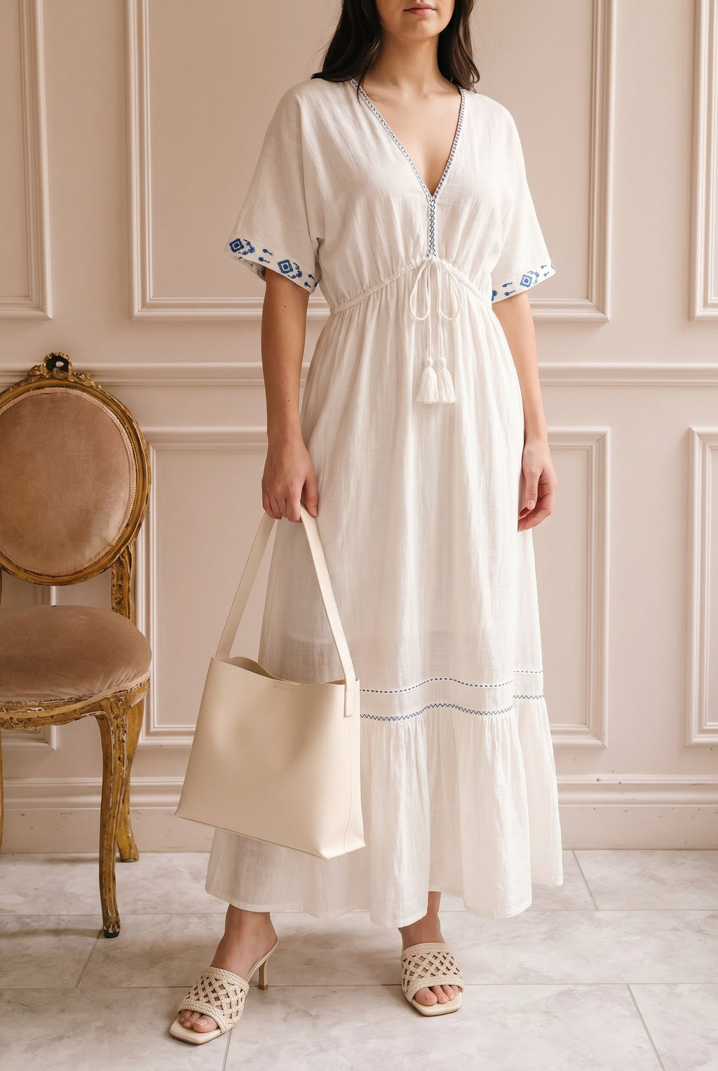 Georgette | Embroidered White V-Neck Maxi Dress with Tassel Tie