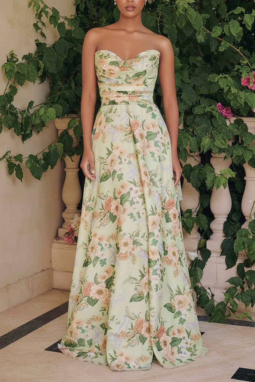 Yujun | Maxi Floral with Sweetheart Neckline and Scarf