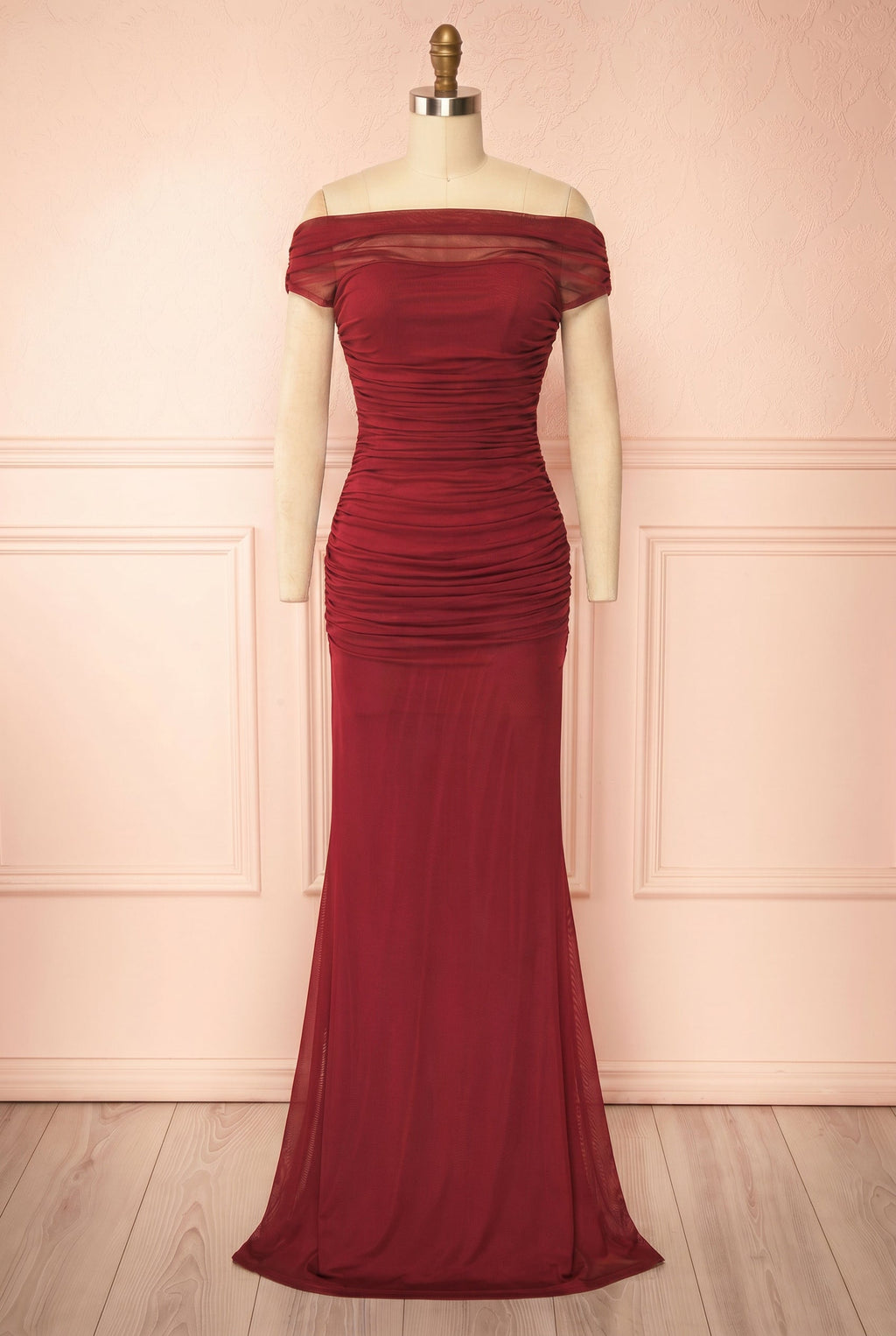 Abelina Burgundy | Maxi Mesh Fitted Dress