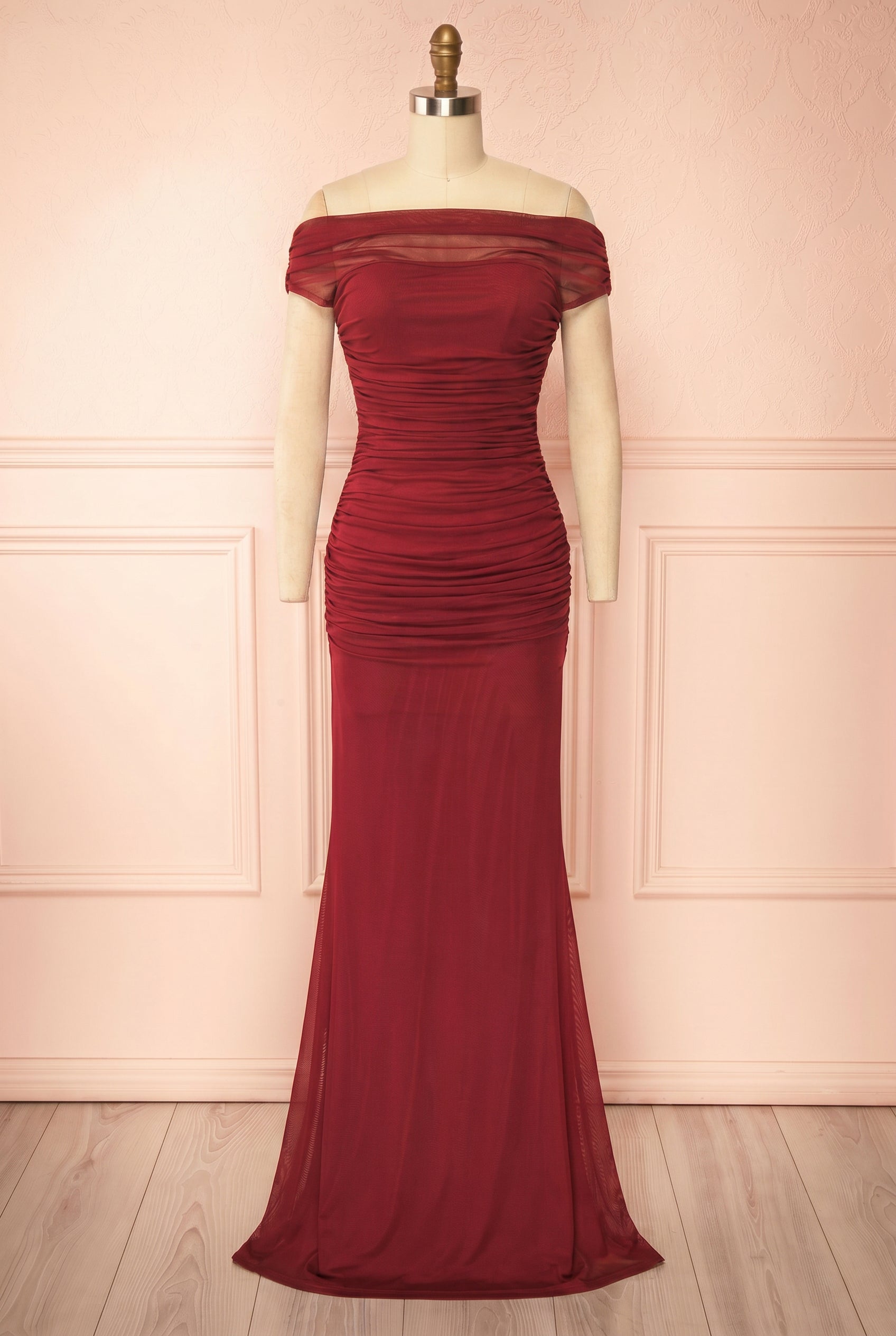 Abelina Burgundy | Maxi Mesh Fitted Dress